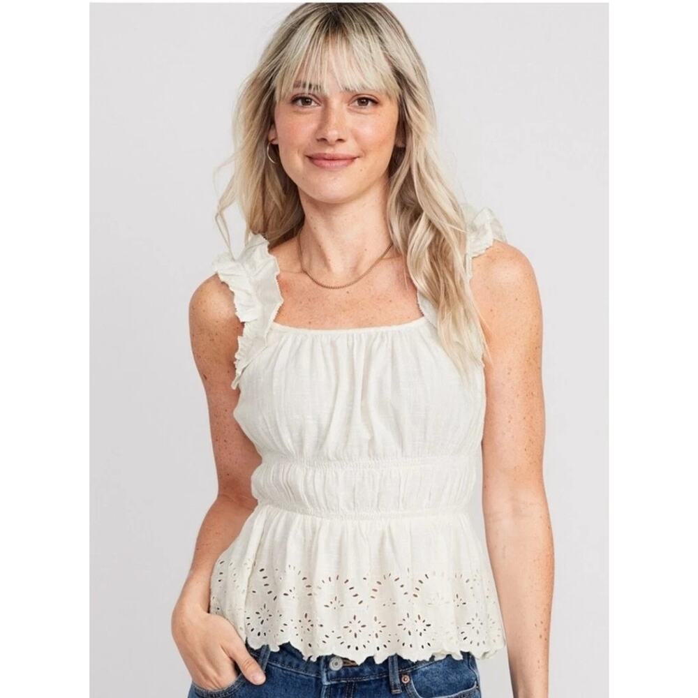 OLD NAVY Cream Sleeveless Ruffle Cotton Boho Peplum Babydoll Top Medium Festival